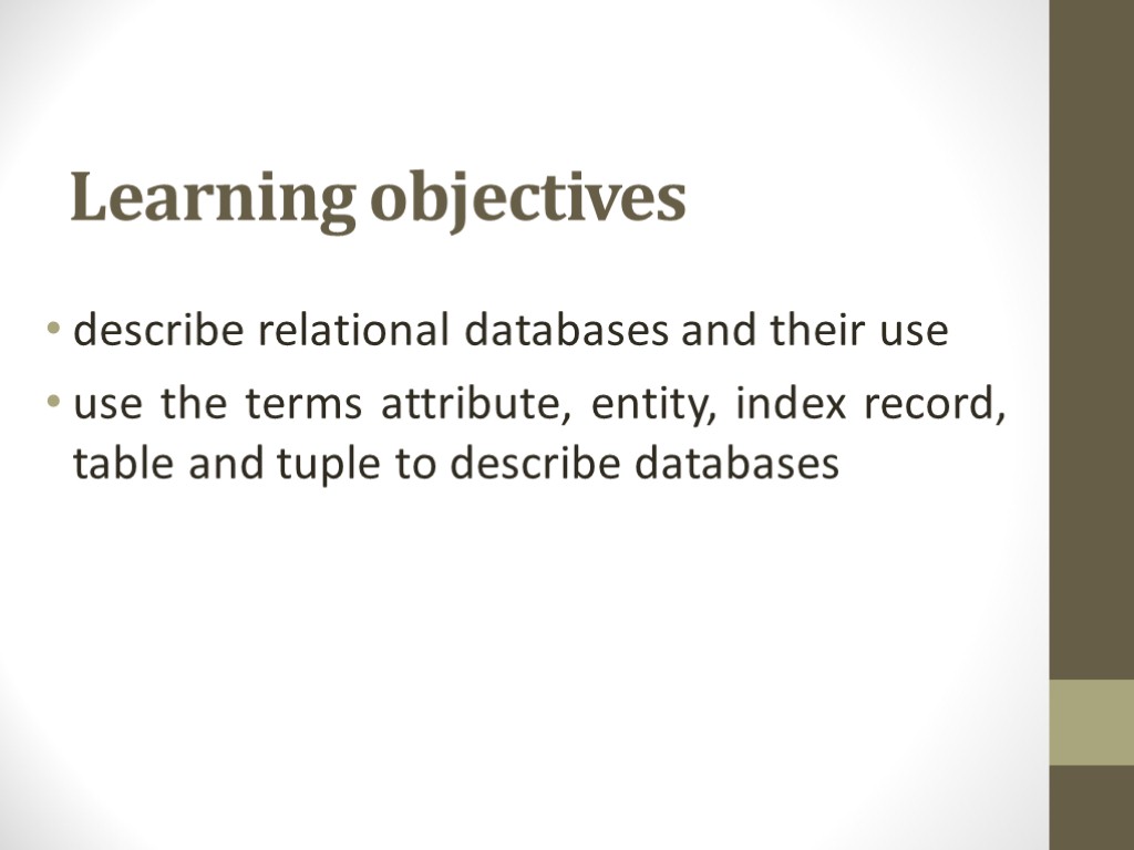 Learning objectives describe relational databases and their use use the terms attribute, entity, index